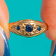 Gold three-Sapphire ring, front showing central star setting