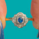 Art Deco Sapphire Diamond ring, front of scalloped cluster